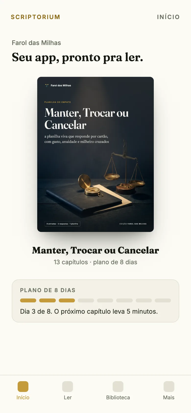 Capa do app do guia Manter, Trocar ou Cancelar